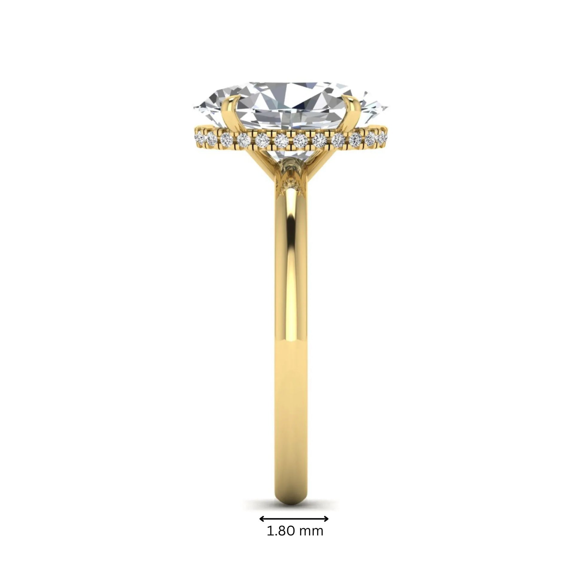 Oval cut hidden halo lab grown diamond engagement ring featuring a 2.99 carat IGI certified center diamond with round hidden halo accents in yellow gold.