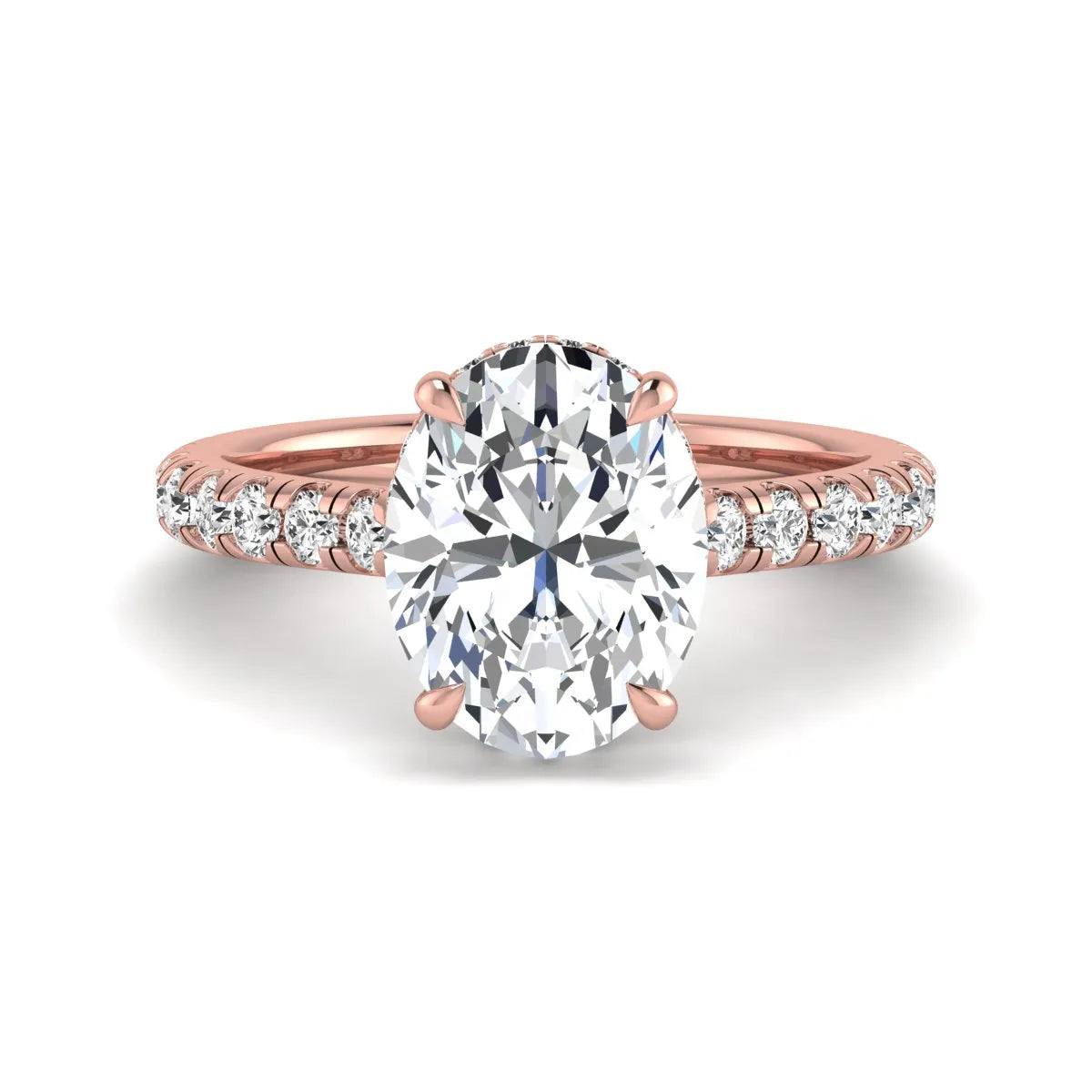Oval cut lab grown diamond hidden halo engagement ring with pavé band and four-prong setting in a rose gold tone design.