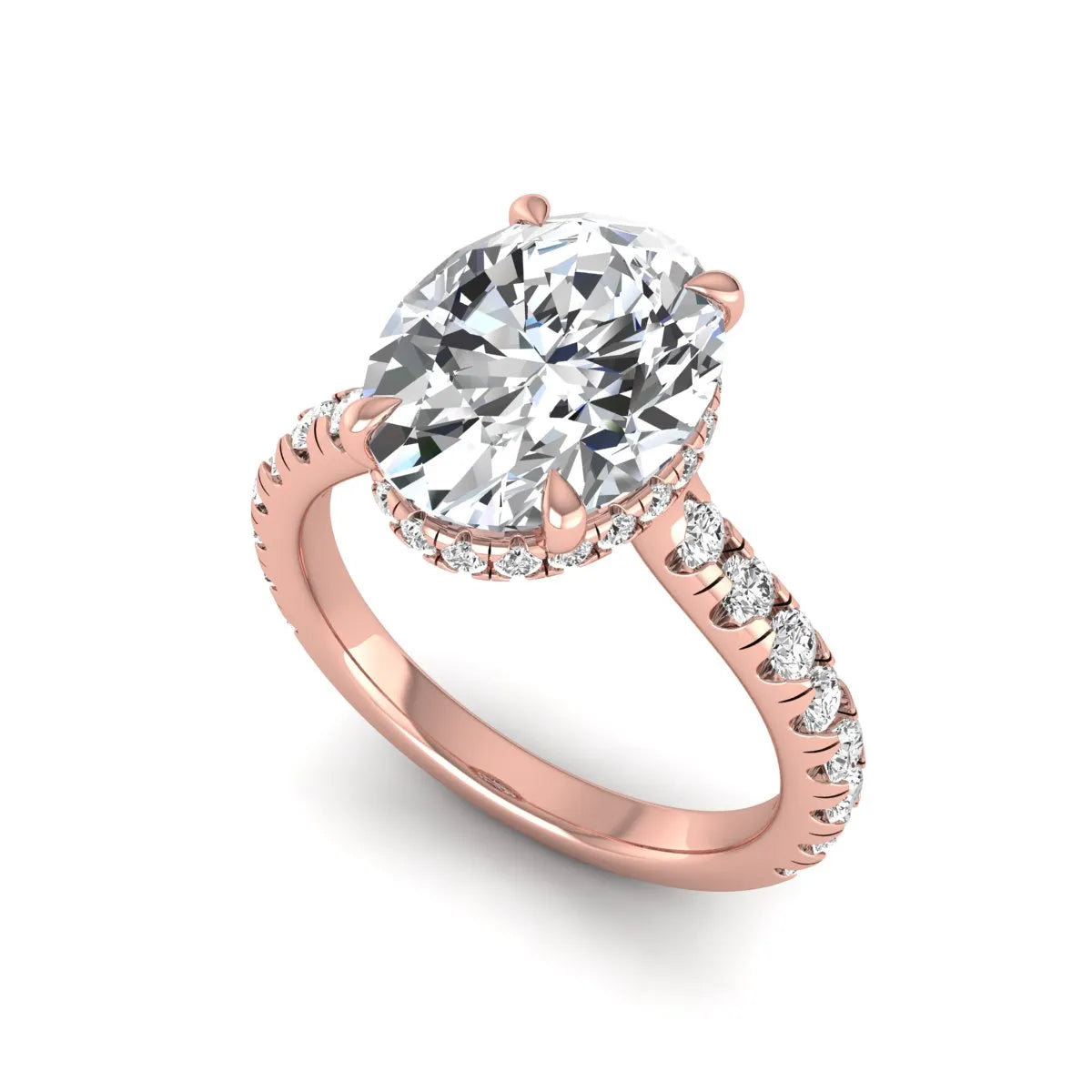 Oval cut lab grown diamond hidden halo engagement ring with pavé band and four-prong setting in a rose gold tone design.