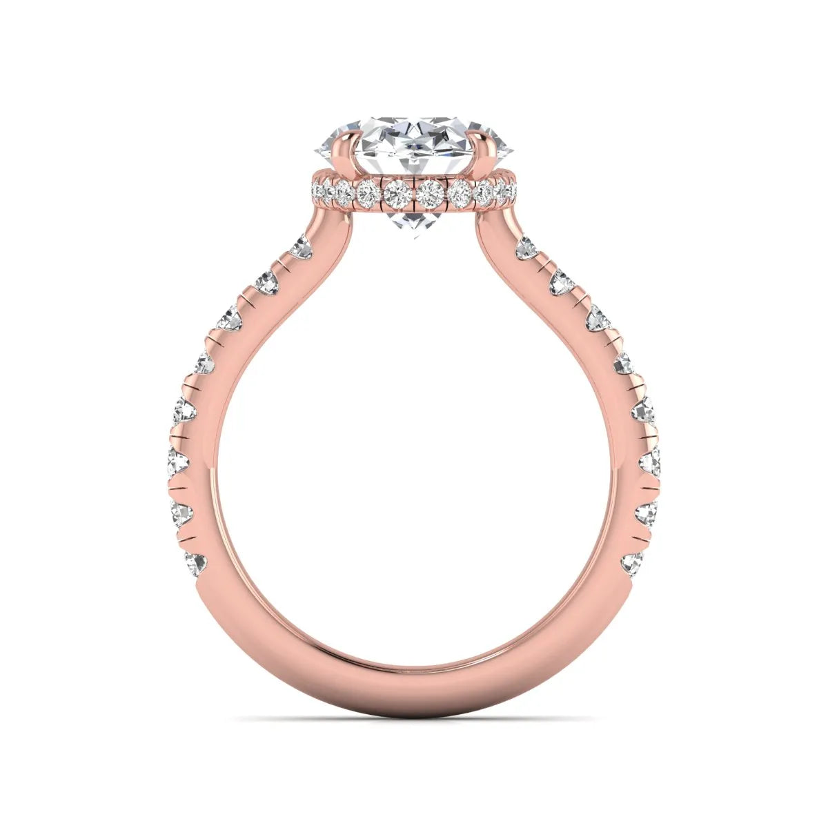 Oval cut lab grown diamond hidden halo engagement ring with pavé band and four-prong setting in a rose gold tone design.