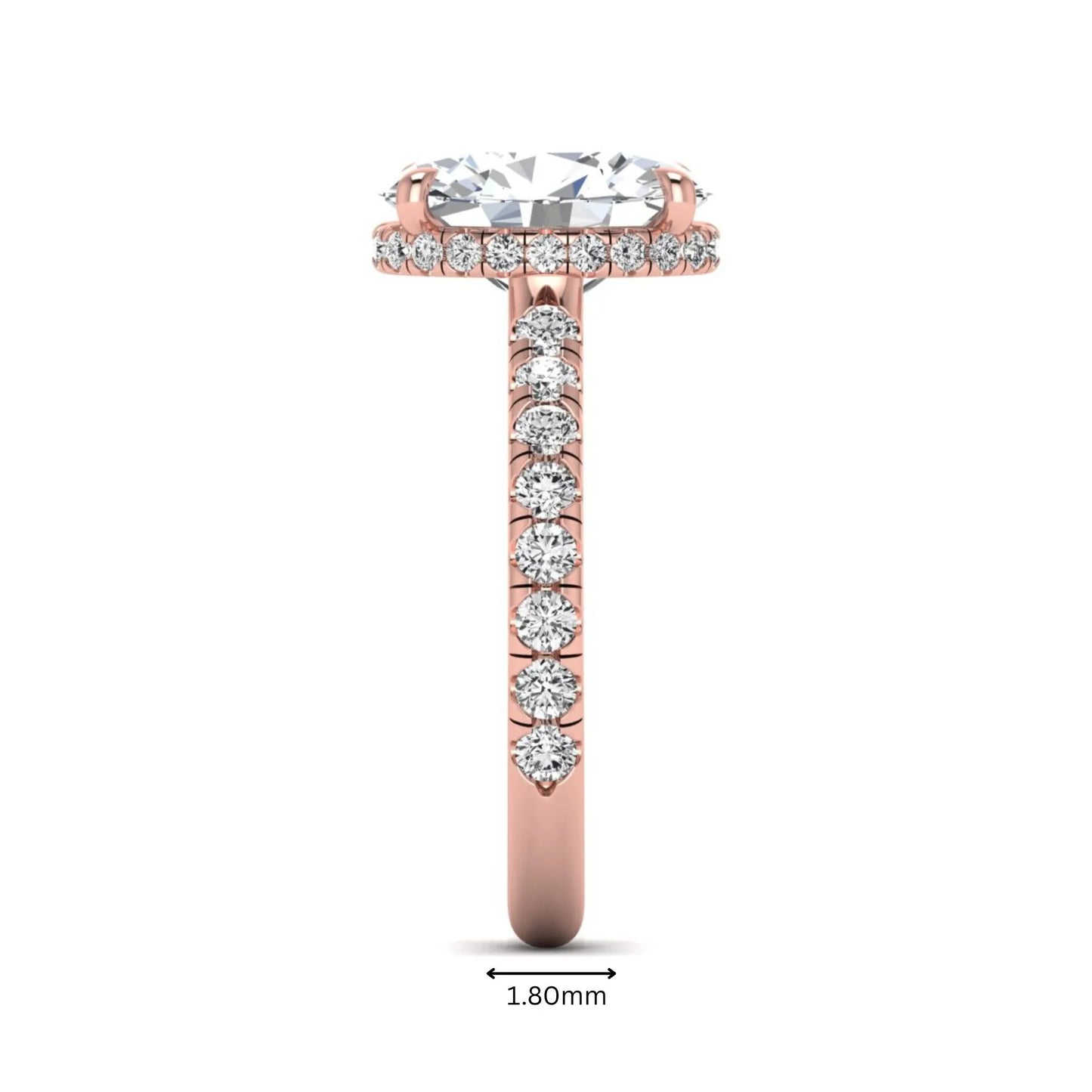 Oval cut lab grown diamond hidden halo engagement ring with pavé band and four-prong setting in a rose gold tone design.