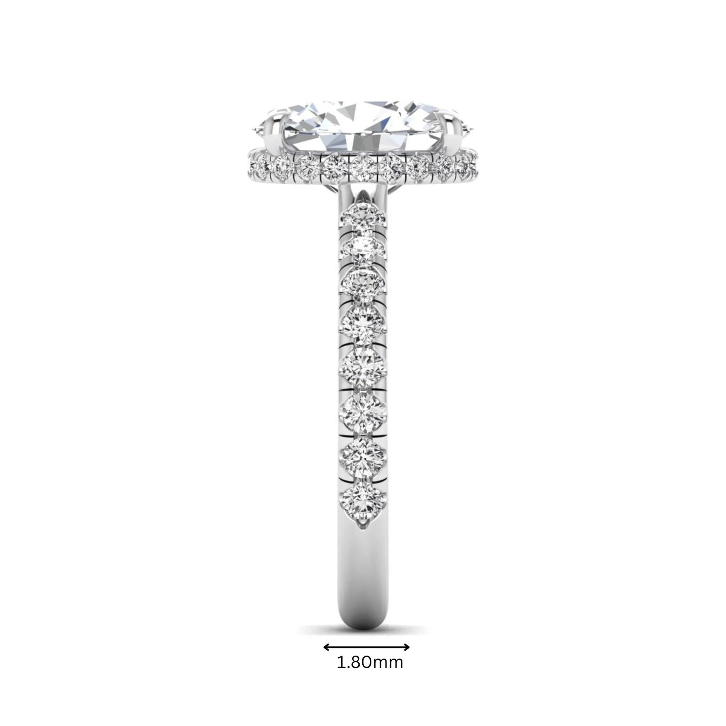 Oval cut lab grown diamond hidden halo engagement ring with pavé band and four-prong setting in a white gold tone design.
