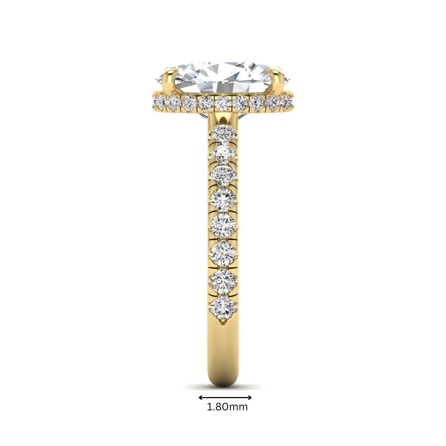 Oval cut lab grown diamond hidden halo engagement ring with pavé band and four-prong setting in a yellow gold tone design.