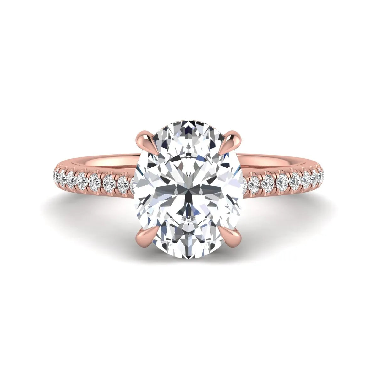 IGI Certified 2.54 carat oval cut lab grown diamond hidden halo pavé engagement ring with round accent diamonds in rose gold.