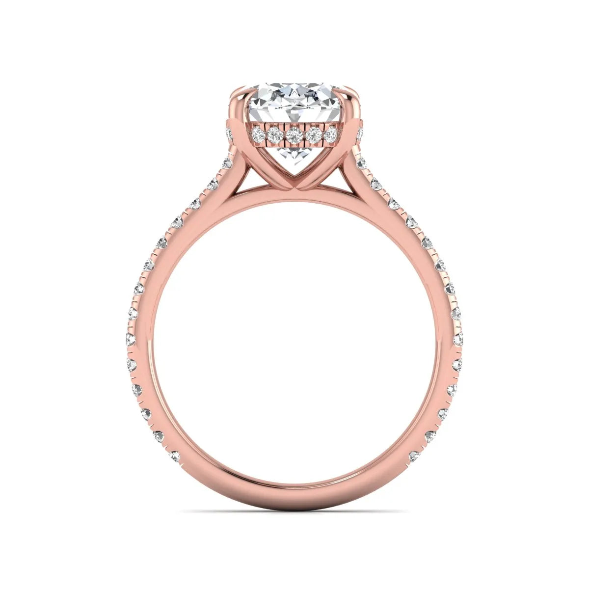 IGI Certified 2.54 carat oval cut lab grown diamond hidden halo pavé engagement ring with round accent diamonds in rose gold.
