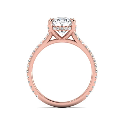 IGI Certified 2.54 carat oval cut lab grown diamond hidden halo pavé engagement ring with round accent diamonds in rose gold.