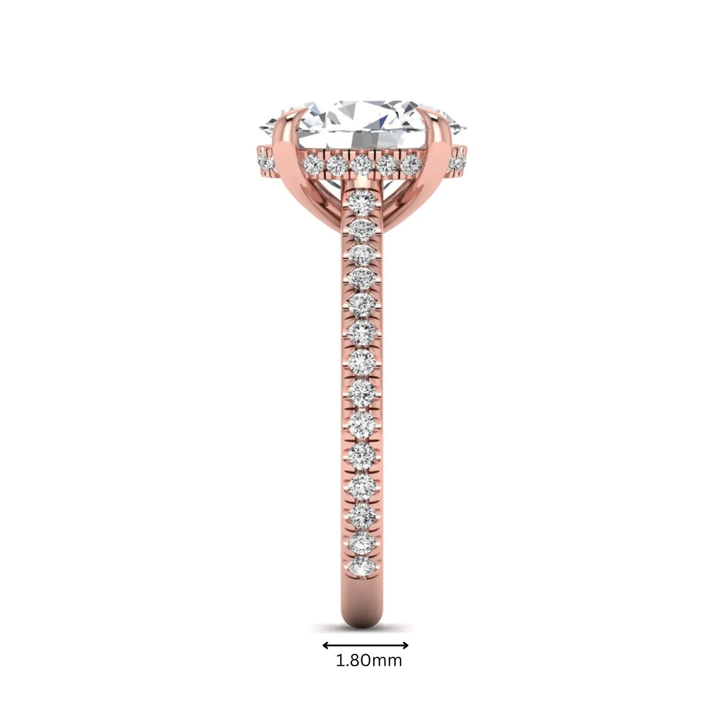 IGI Certified 2.54 carat oval cut lab grown diamond hidden halo pavé engagement ring with round accent diamonds in rose gold.