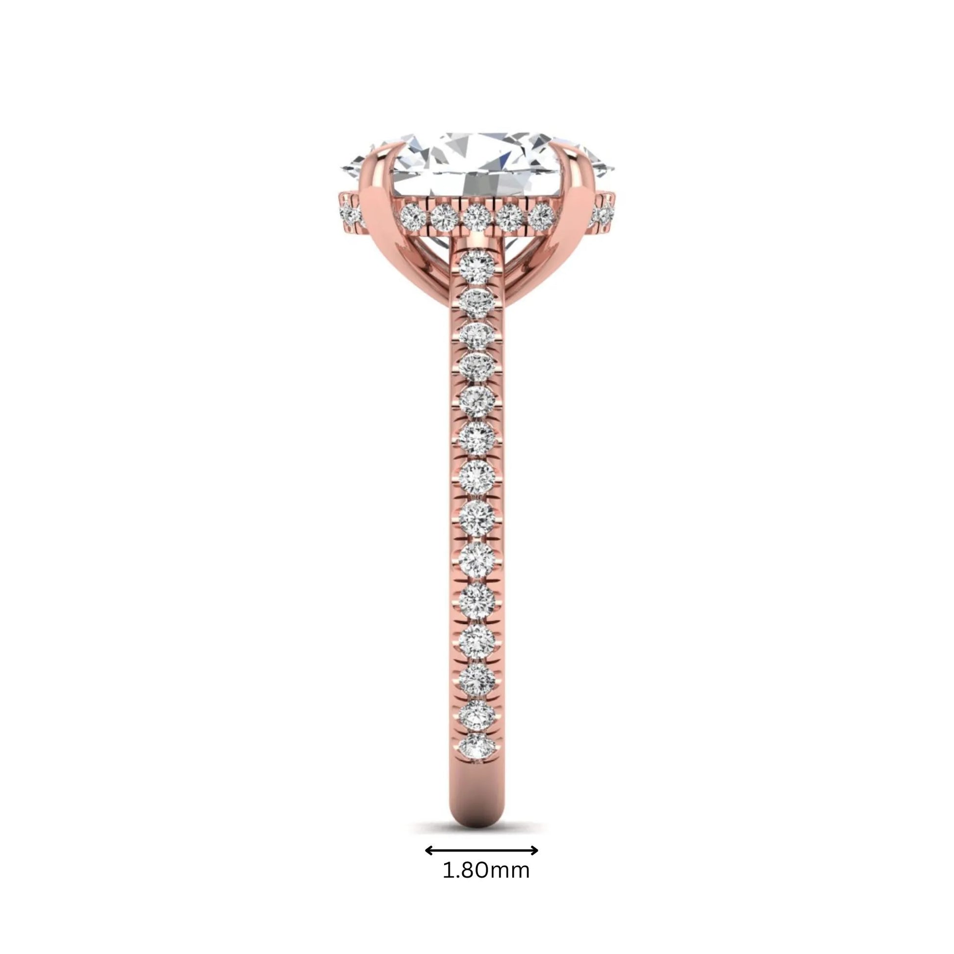 IGI Certified 2.54 carat oval cut lab grown diamond hidden halo pavé engagement ring with round accent diamonds in rose gold.