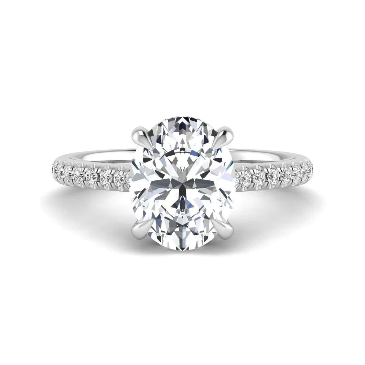 IGI Certified 2.54 carat oval cut lab grown diamond hidden halo pavé engagement ring with round accent diamonds in white gold.