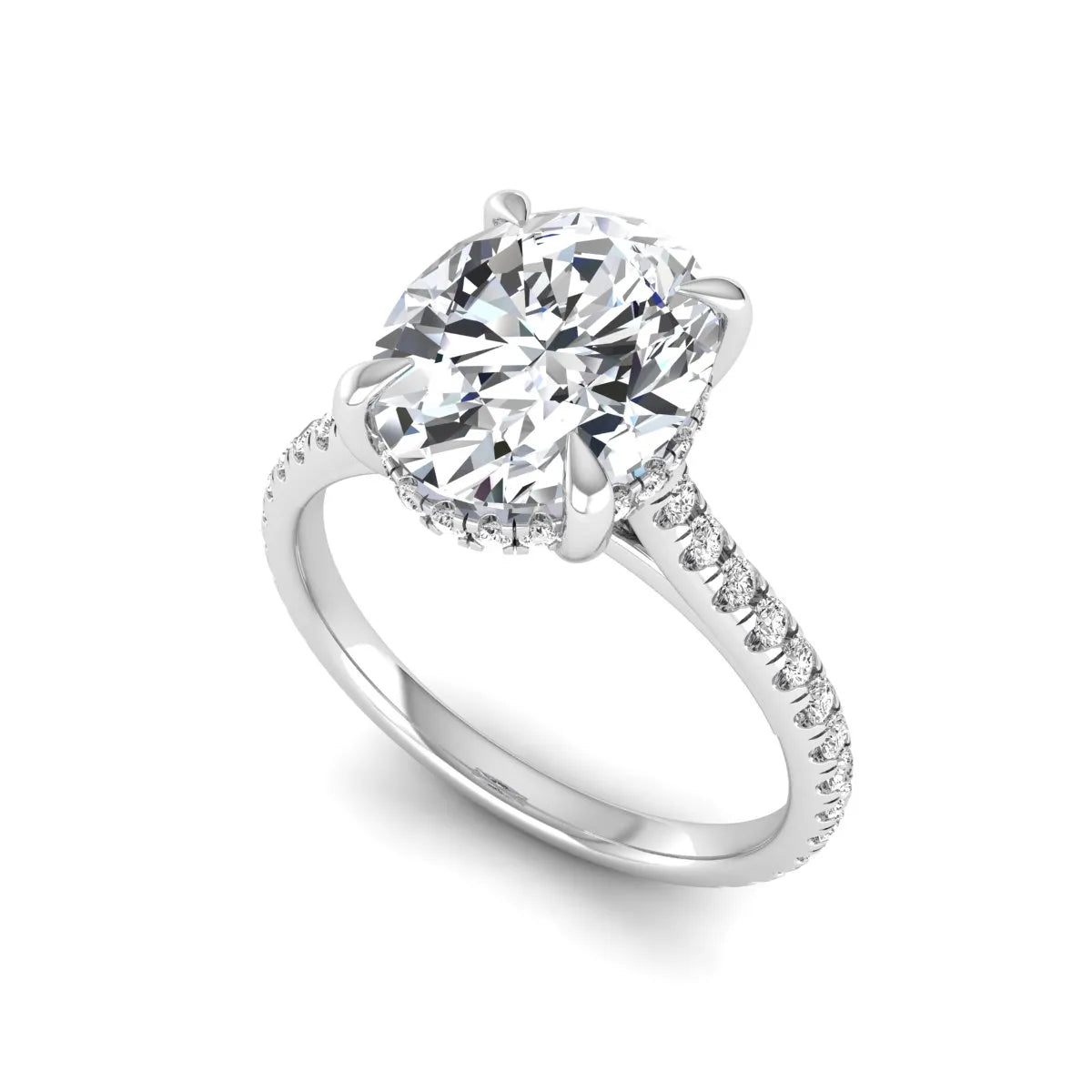 IGI Certified 2.54 carat oval cut lab grown diamond hidden halo pavé engagement ring with round accent diamonds in white gold.