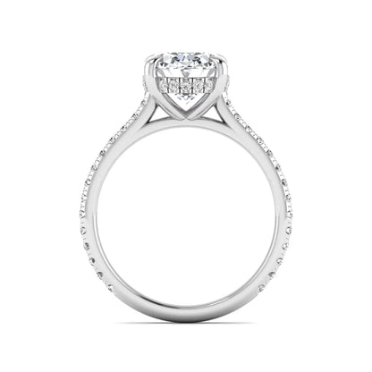 IGI Certified 2.54 carat oval cut lab grown diamond hidden halo pavé engagement ring with round accent diamonds in white gold.