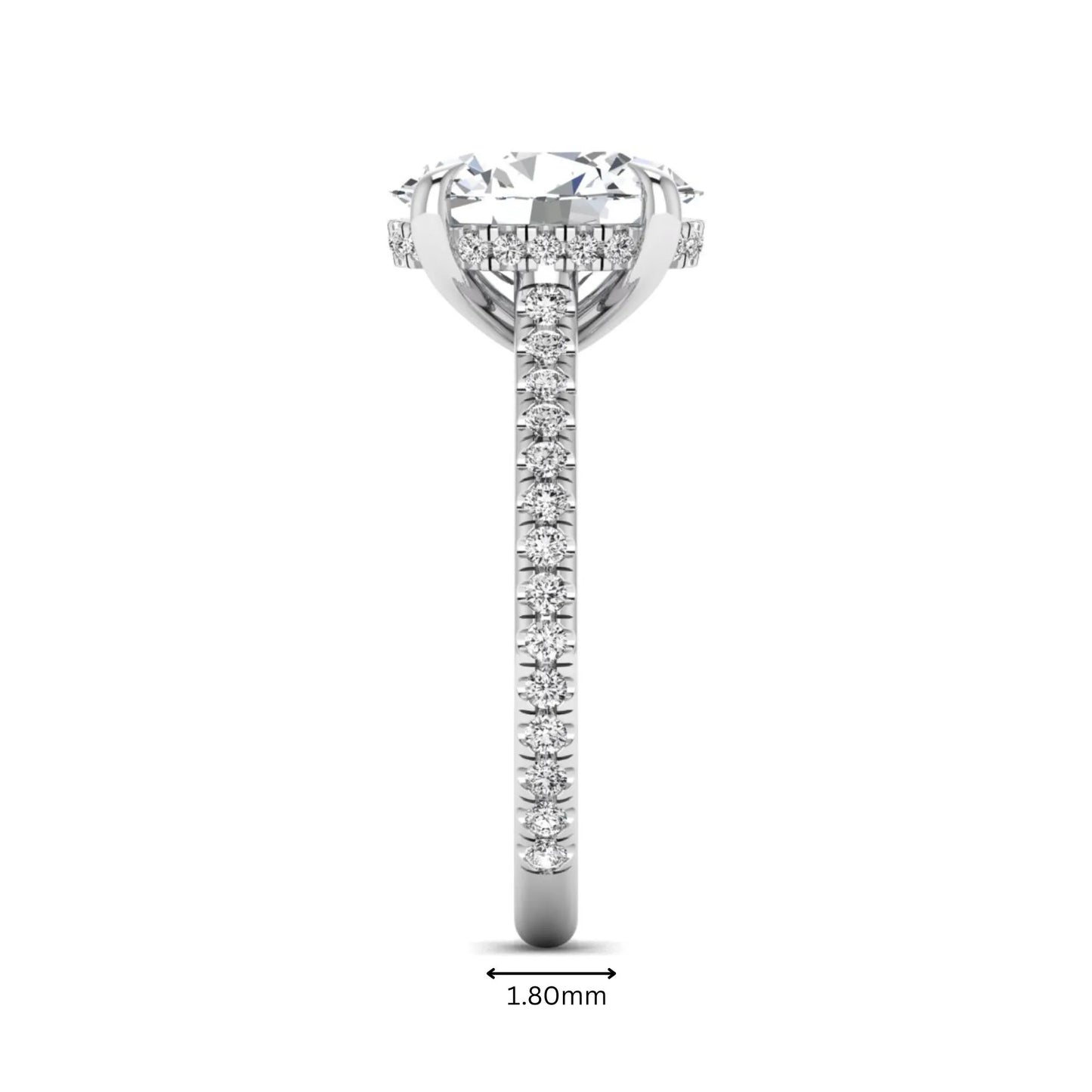 IGI Certified 2.54 carat oval cut lab grown diamond hidden halo pavé engagement ring with round accent diamonds in white gold.