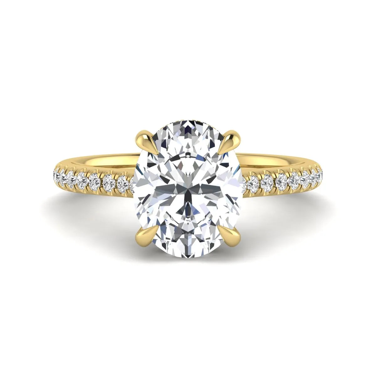 IGI Certified 2.54 carat oval cut lab grown diamond hidden halo pavé engagement ring with round accent diamonds in yellow gold.