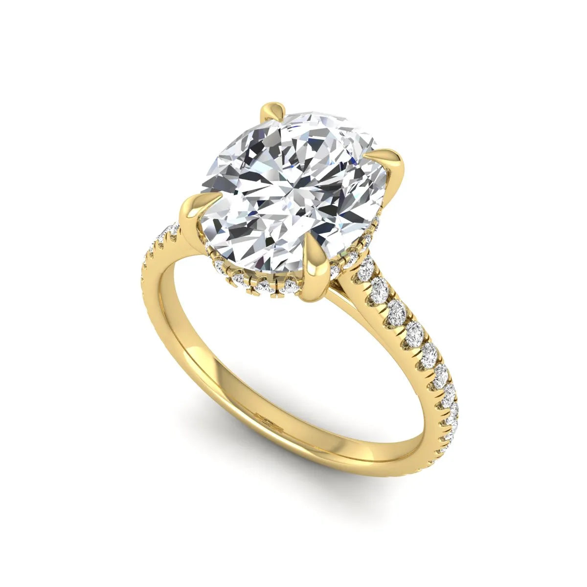 IGI Certified 2.54 carat oval cut lab grown diamond hidden halo pavé engagement ring with round accent diamonds in yellow gold.