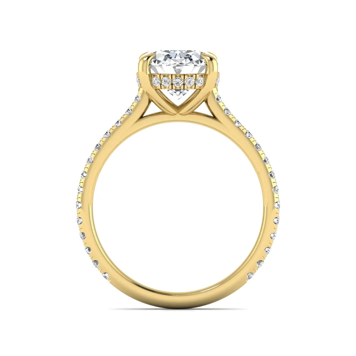IGI Certified 2.54 carat oval cut lab grown diamond hidden halo pavé engagement ring with round accent diamonds in yellow gold.