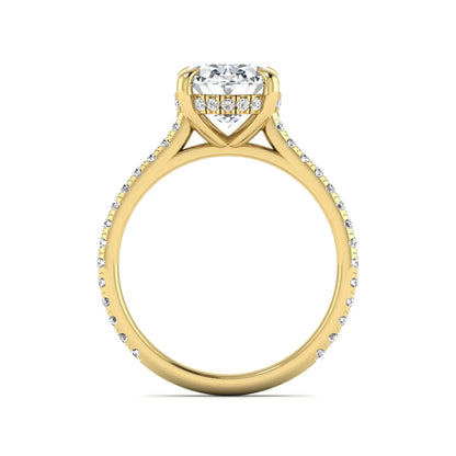 IGI Certified 2.54 carat oval cut lab grown diamond hidden halo pavé engagement ring with round accent diamonds in yellow gold.