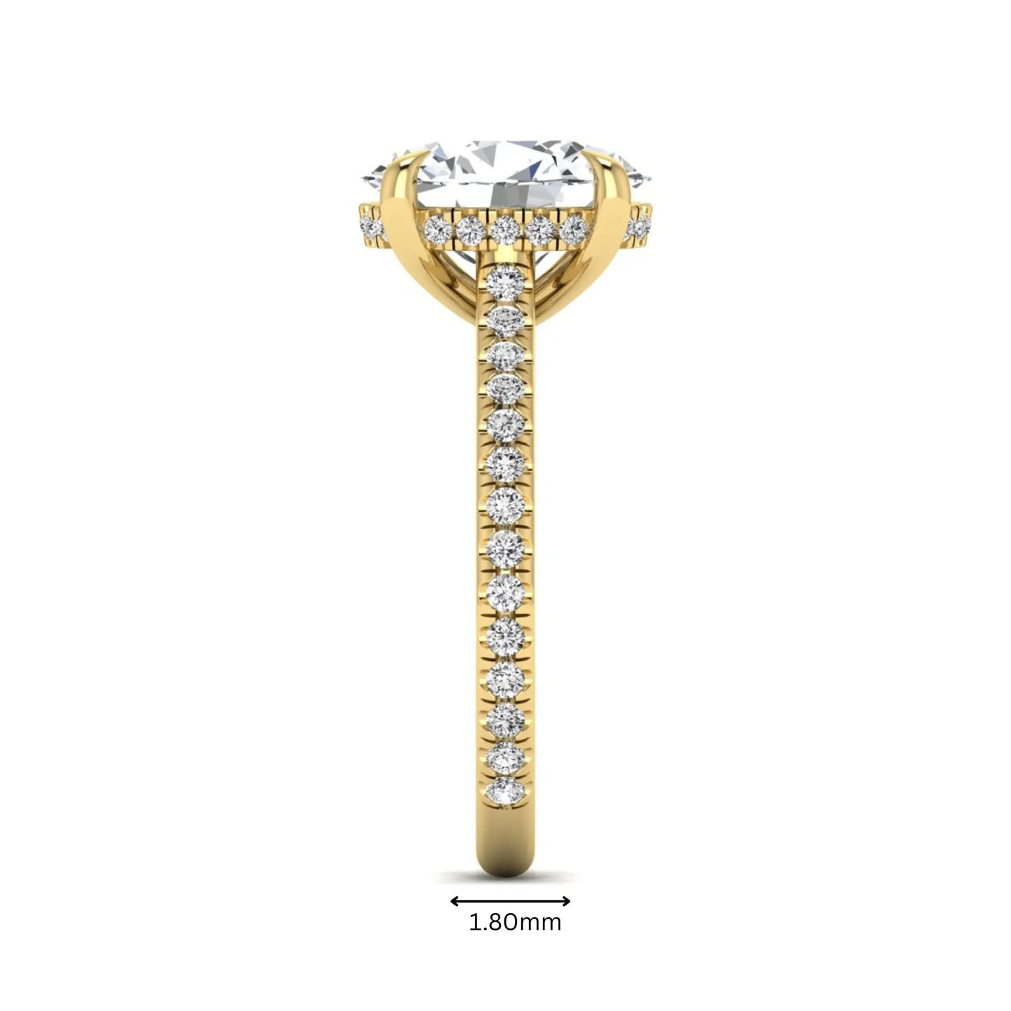 IGI Certified 2.54 carat oval cut lab grown diamond hidden halo pavé engagement ring with round accent diamonds in yellow gold.