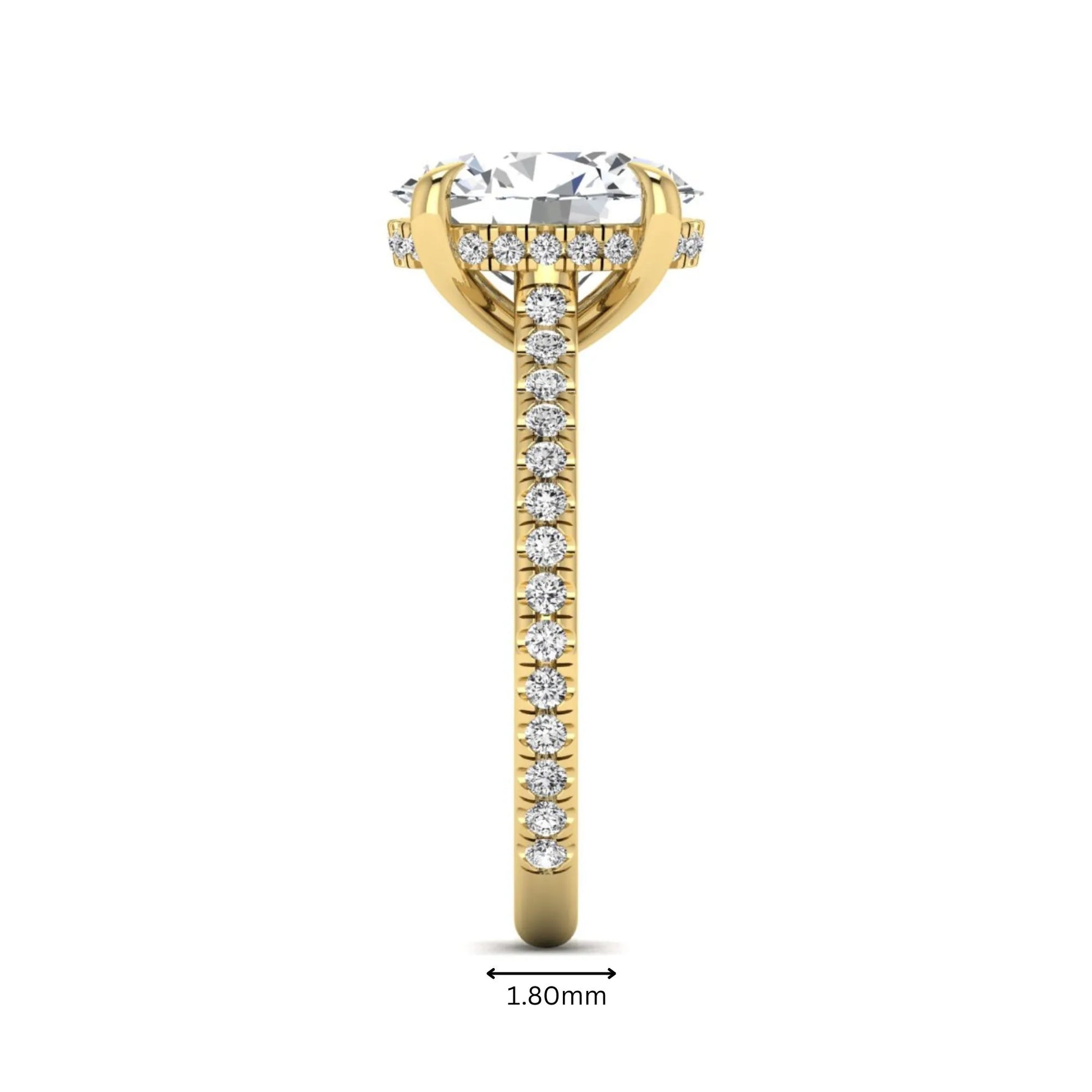 IGI Certified 2.54 carat oval cut lab grown diamond hidden halo pavé engagement ring with round accent diamonds in yellow gold.