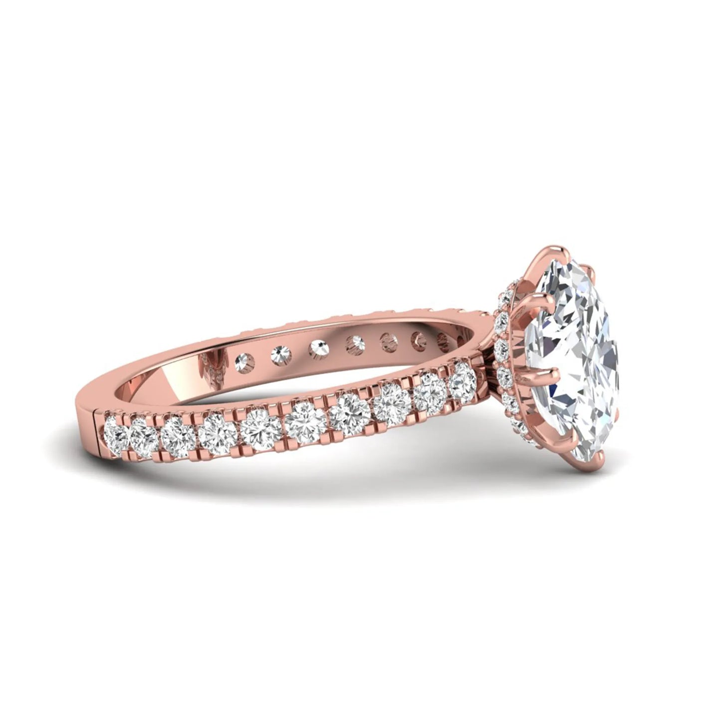 Oval Hidden Halo Pavé Lab Grown Diamond Engagement Ring featuring a 10.00 × 8.00 mm oval-cut center diamond with a hidden halo, pavé diamond band, and four-prong setting in rose gold