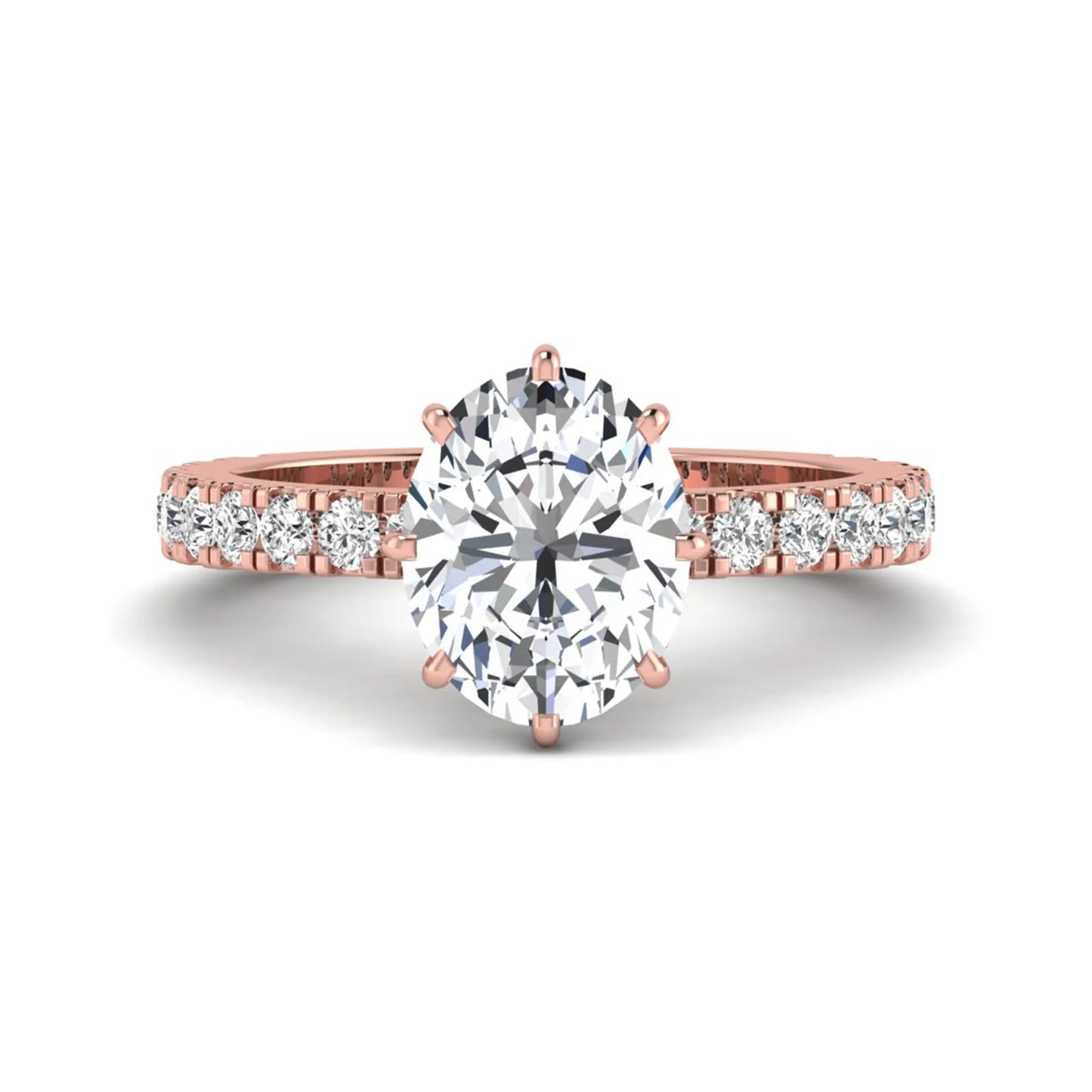 Oval Hidden Halo Pavé Lab Grown Diamond Engagement Ring featuring a 10.00 × 8.00 mm oval-cut center diamond with a hidden halo, pavé diamond band, and four-prong setting in rose gold
