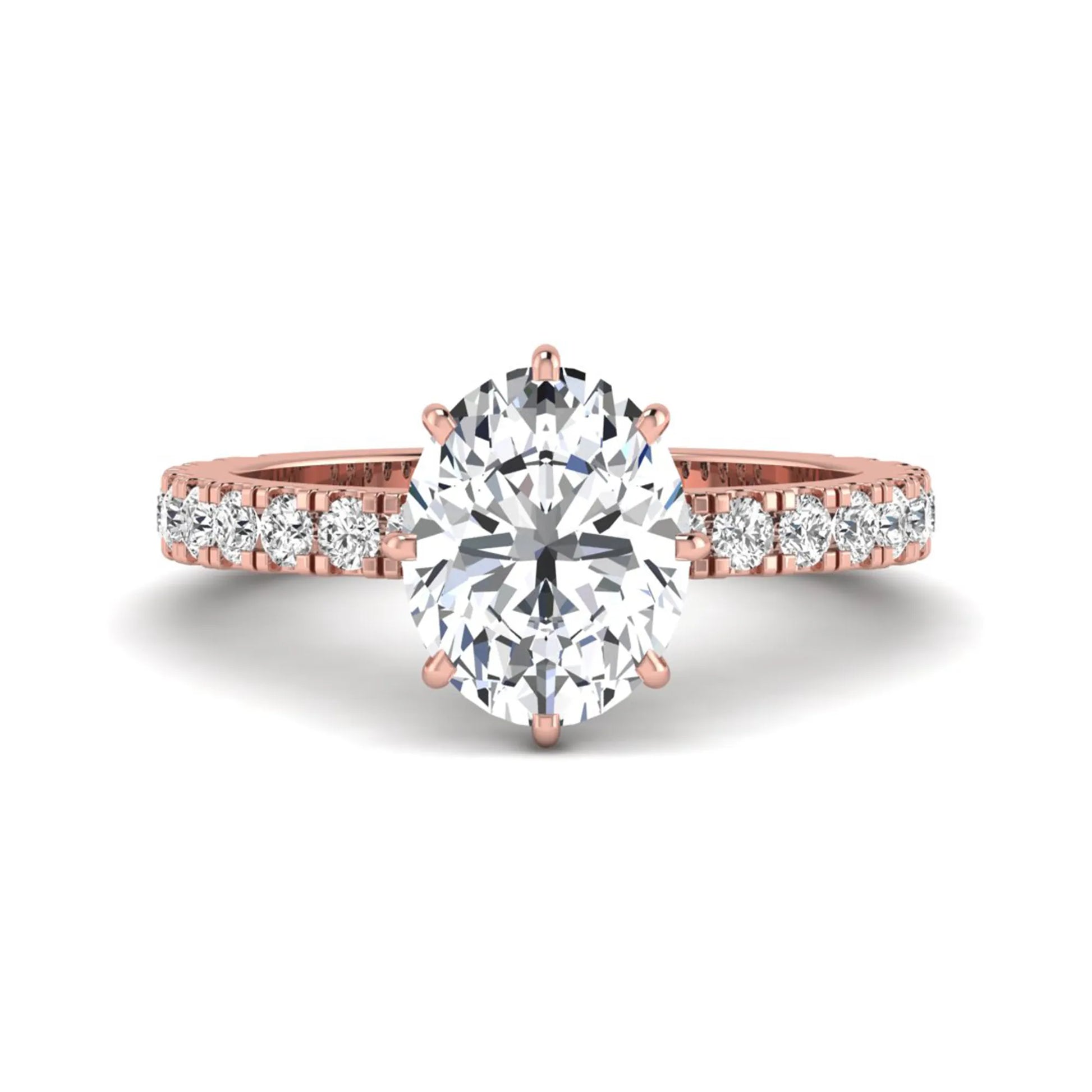 Oval Hidden Halo Pavé Lab Grown Diamond Engagement Ring featuring a 10.00 × 8.00 mm oval-cut center diamond with a hidden halo, pavé diamond band, and four-prong setting in rose gold