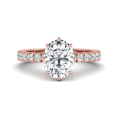 Oval Hidden Halo Pavé Lab Grown Diamond Engagement Ring featuring a 10.00 × 8.00 mm oval-cut center diamond with a hidden halo, pavé diamond band, and four-prong setting in rose gold