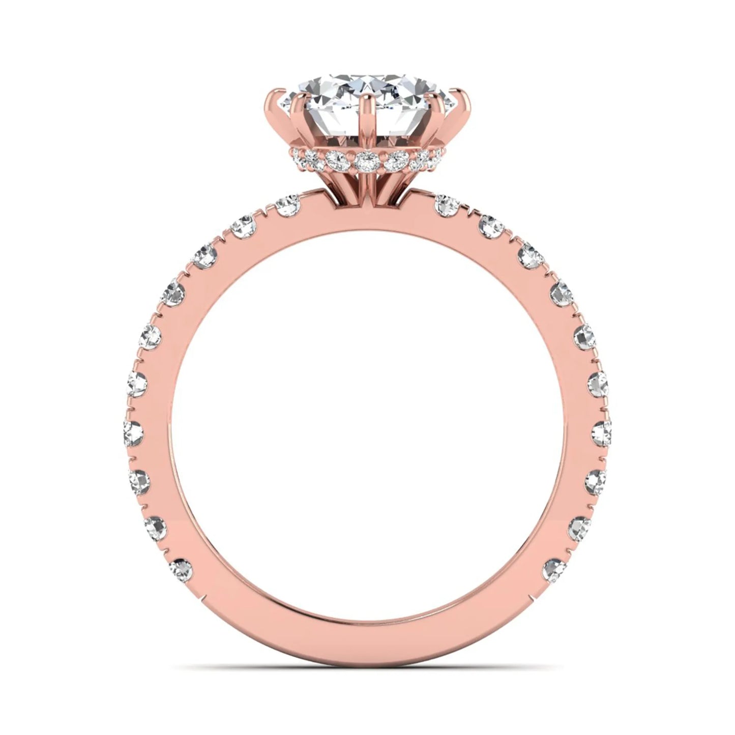 Oval Hidden Halo Pavé Lab Grown Diamond Engagement Ring featuring a 10.00 × 8.00 mm oval-cut center diamond with a hidden halo, pavé diamond band, and four-prong setting in rose gold
