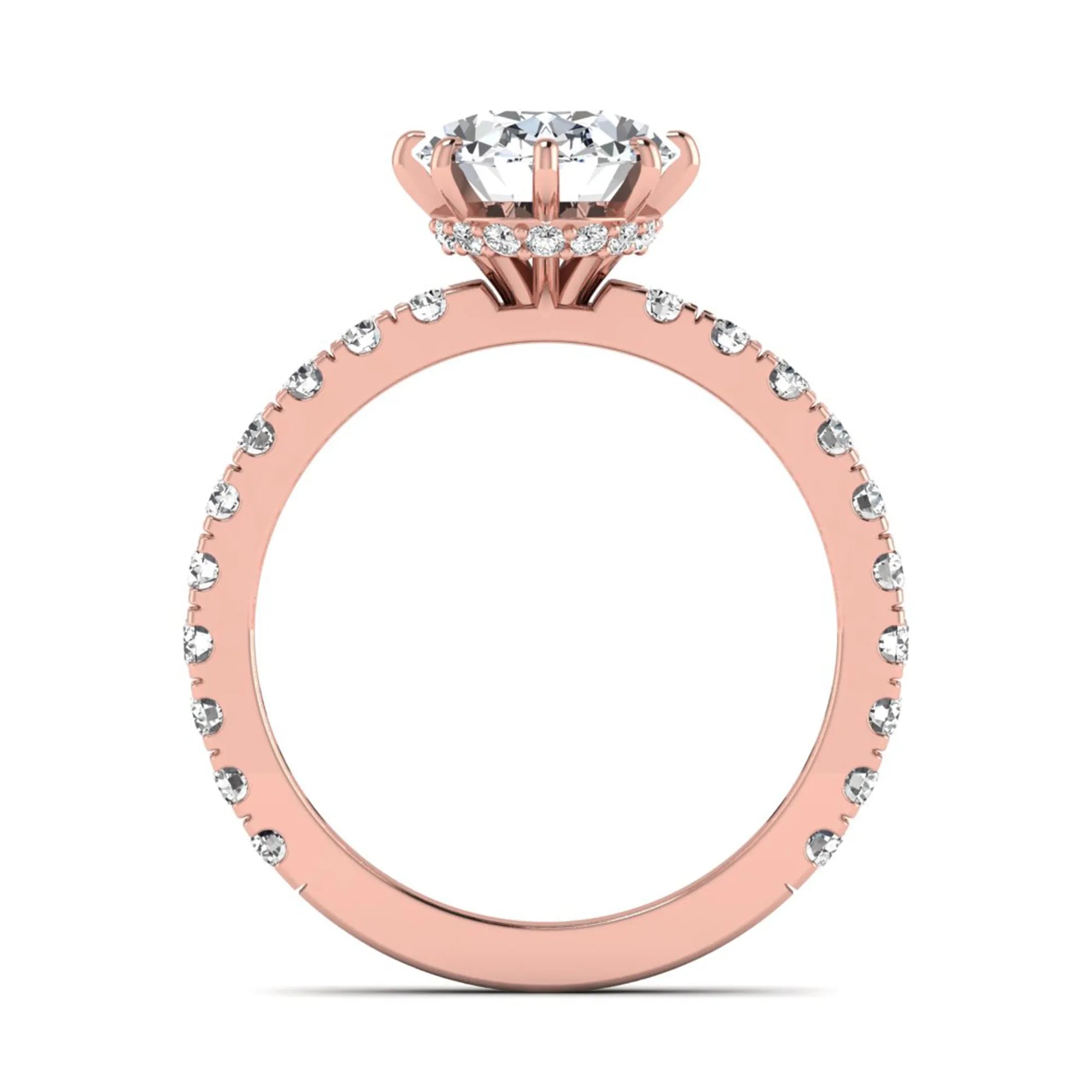 Oval Hidden Halo Pavé Lab Grown Diamond Engagement Ring featuring a 10.00 × 8.00 mm oval-cut center diamond with a hidden halo, pavé diamond band, and four-prong setting in rose gold