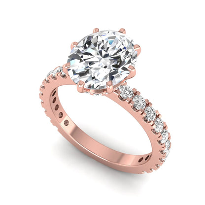 Oval Hidden Halo Pavé Lab Grown Diamond Engagement Ring featuring a 10.00 × 8.00 mm oval-cut center diamond with a hidden halo, pavé diamond band, and four-prong setting in rose gold