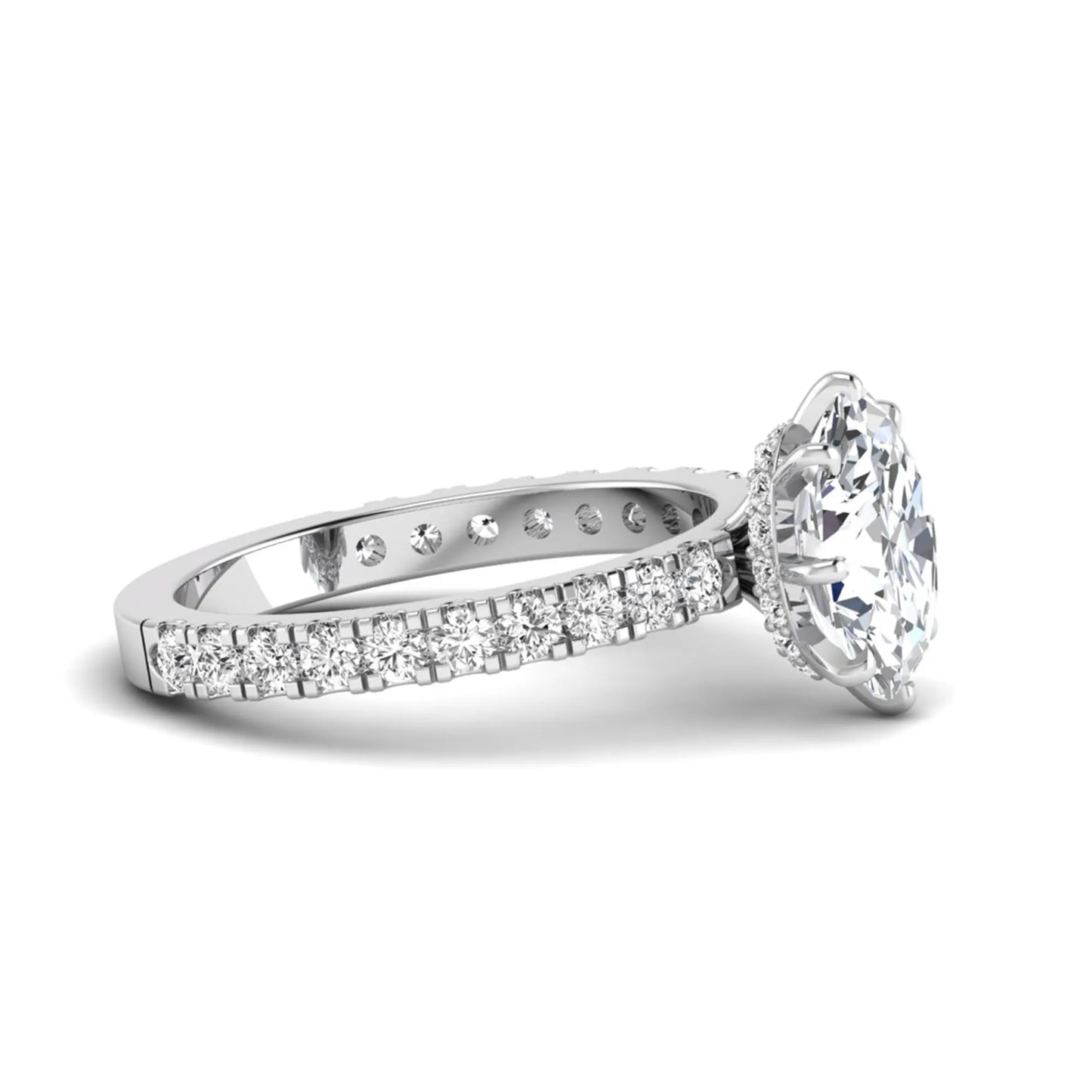 Oval Hidden Halo Pavé Lab Grown Diamond Engagement Ring featuring a 10.00 × 8.00 mm oval-cut center diamond with a hidden halo, pavé diamond band, and four-prong setting in white gold