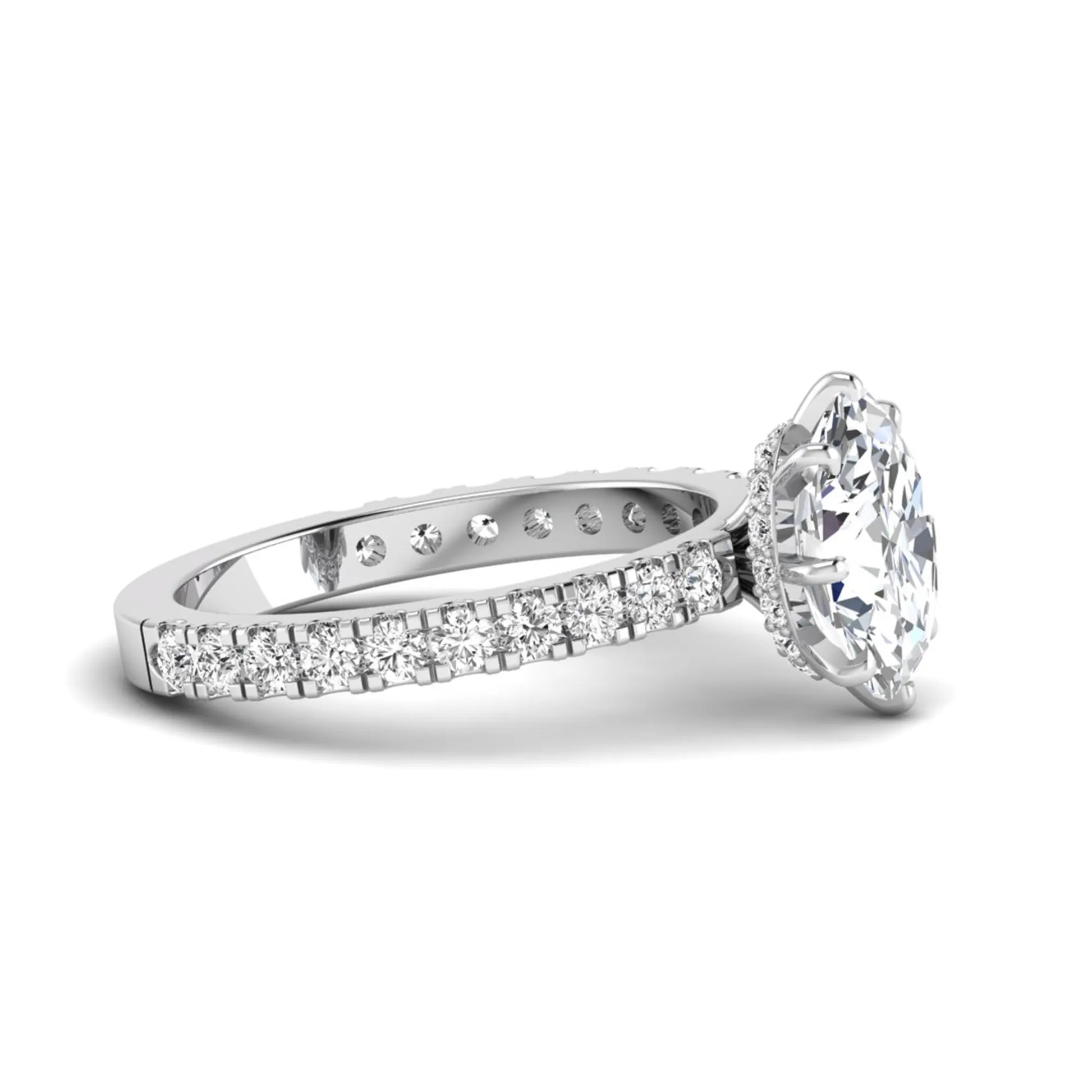 Oval Hidden Halo Pavé Lab Grown Diamond Engagement Ring featuring a 10.00 × 8.00 mm oval-cut center diamond with a hidden halo, pavé diamond band, and four-prong setting in white gold