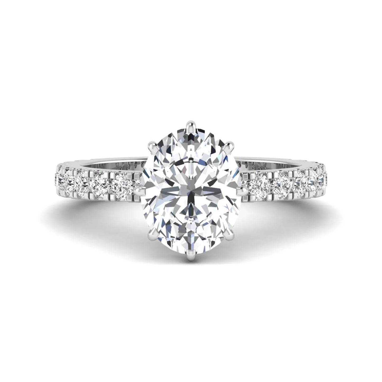 Oval Hidden Halo Pavé Lab Grown Diamond Engagement Ring featuring a 10.00 × 8.00 mm oval-cut center diamond with a hidden halo, pavé diamond band, and four-prong setting in white gold