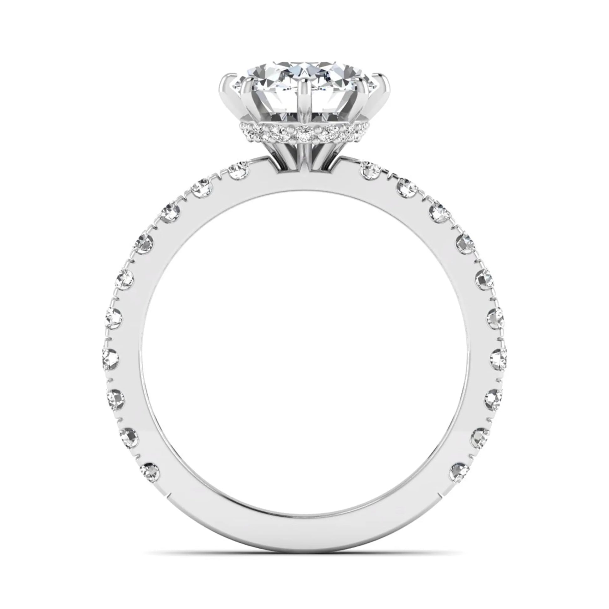 Oval Hidden Halo Pavé Lab Grown Diamond Engagement Ring featuring a 10.00 × 8.00 mm oval-cut center diamond with a hidden halo, pavé diamond band, and four-prong setting in white gold