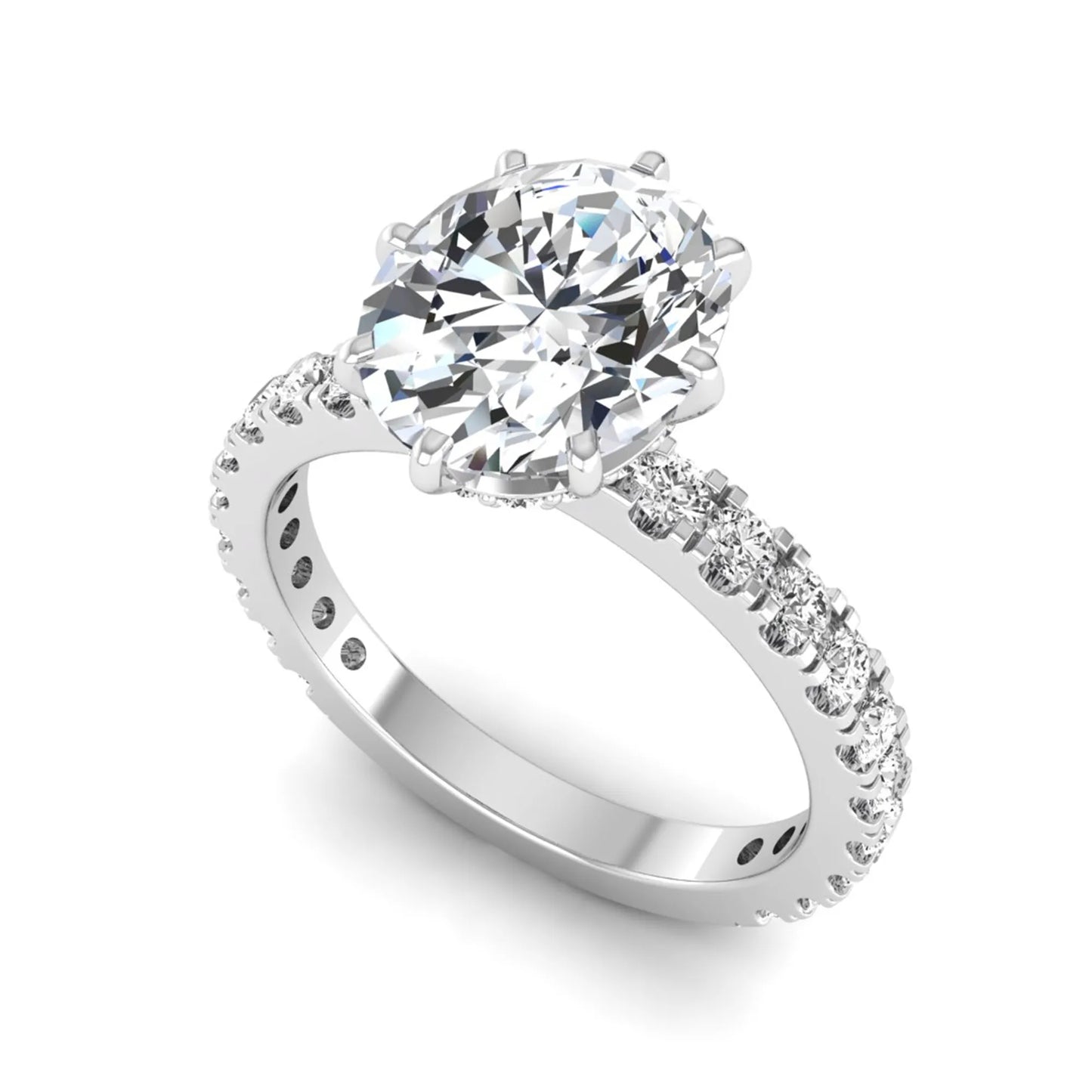 Oval Hidden Halo Pavé Lab Grown Diamond Engagement Ring featuring a 10.00 × 8.00 mm oval-cut center diamond with a hidden halo, pavé diamond band, and four-prong setting in white gold