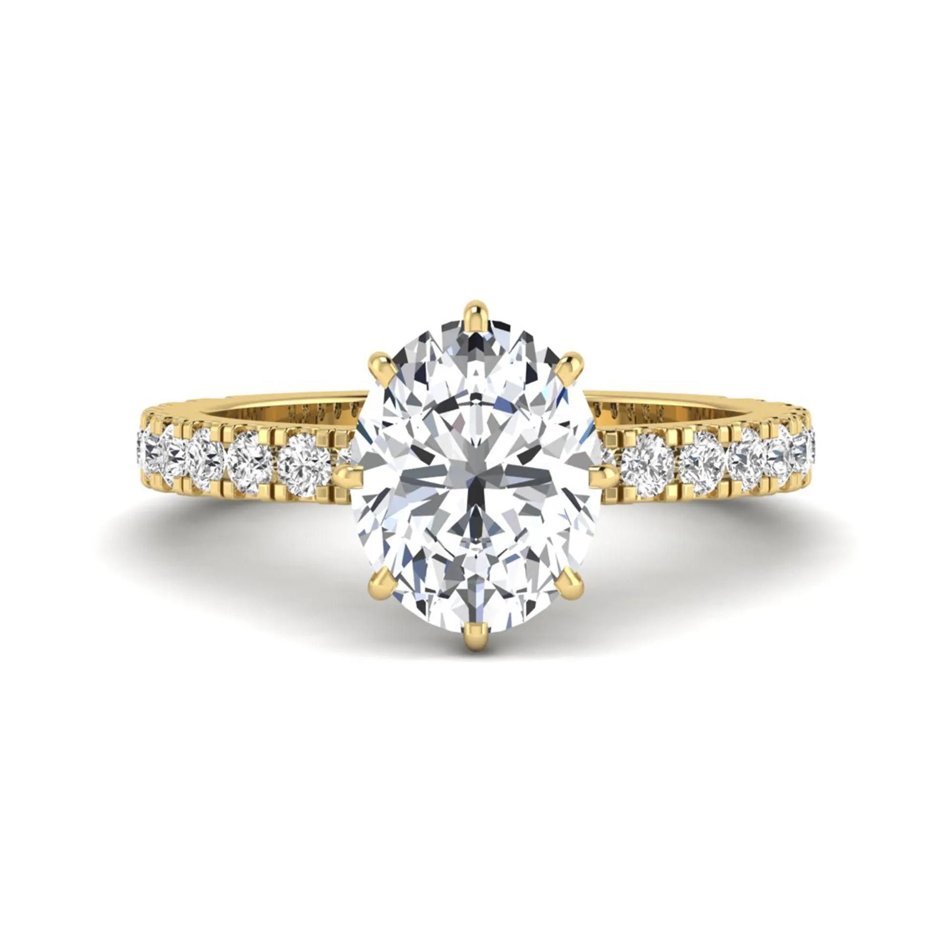 Oval Hidden Halo Pavé Lab Grown Diamond Engagement Ring featuring a 10.00 × 8.00 mm oval-cut center diamond with a hidden halo, pavé diamond band, and four-prong setting in yellow gold
