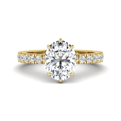 Oval Hidden Halo Pavé Lab Grown Diamond Engagement Ring featuring a 10.00 × 8.00 mm oval-cut center diamond with a hidden halo, pavé diamond band, and four-prong setting in yellow gold