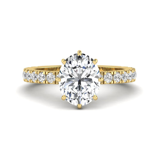 Oval Hidden Halo Pavé Lab Grown Diamond Engagement Ring featuring a 10.00 × 8.00 mm oval-cut center diamond with a hidden halo, pavé diamond band, and four-prong setting in yellow gold