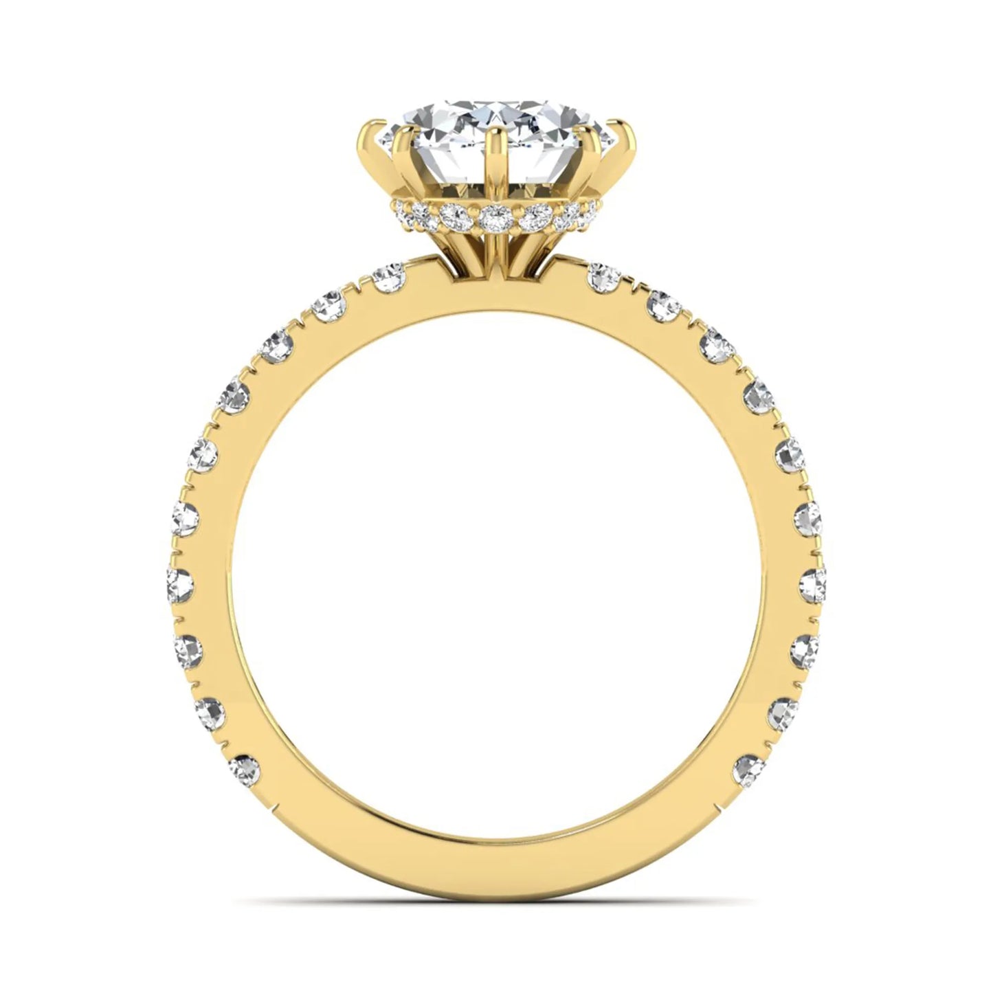 Oval Hidden Halo Pavé Lab Grown Diamond Engagement Ring featuring a 10.00 × 8.00 mm oval-cut center diamond with a hidden halo, pavé diamond band, and four-prong setting in yellow gold