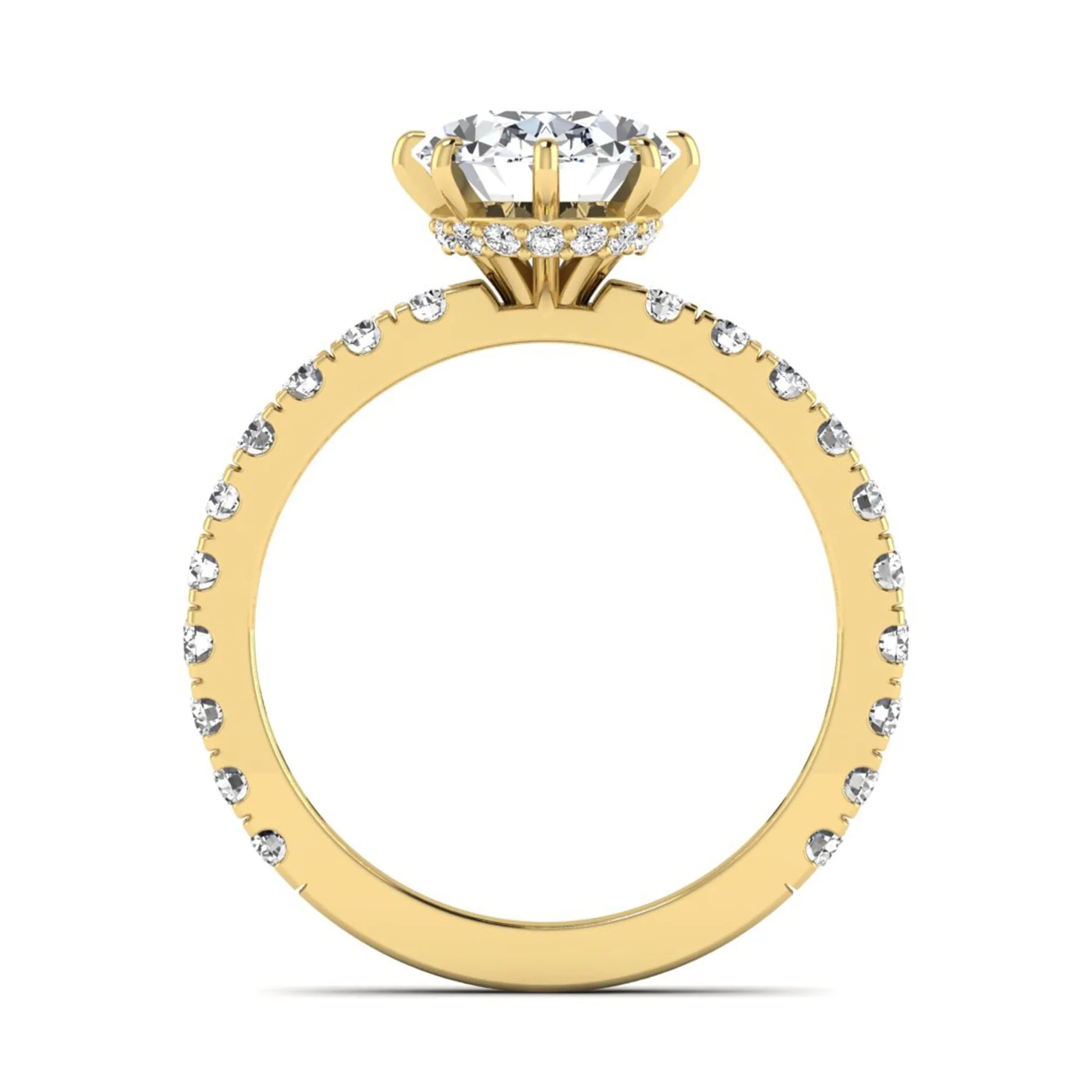 Oval Hidden Halo Pavé Lab Grown Diamond Engagement Ring featuring a 10.00 × 8.00 mm oval-cut center diamond with a hidden halo, pavé diamond band, and four-prong setting in yellow gold