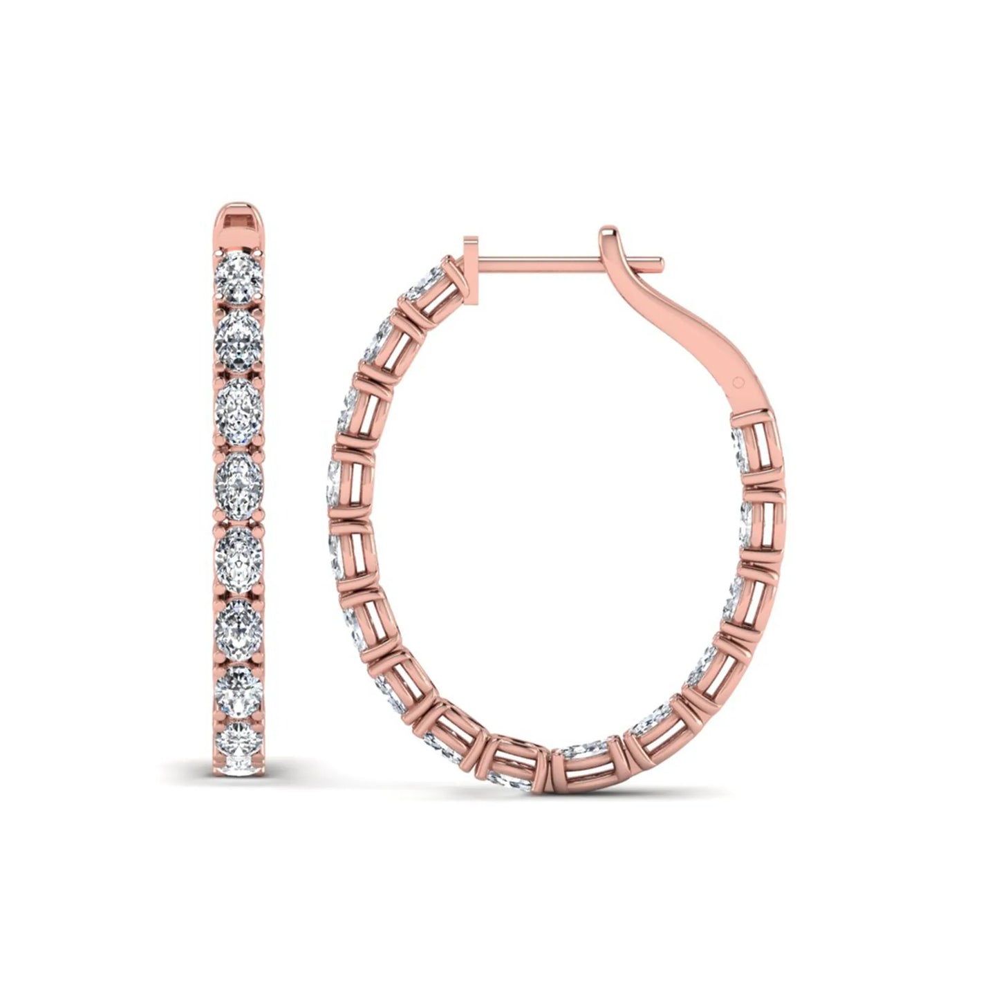 Oval cut lab grown diamond inside-out hoop earrings featuring shared prong settings, hinged snap closure, and rose gold tone design.