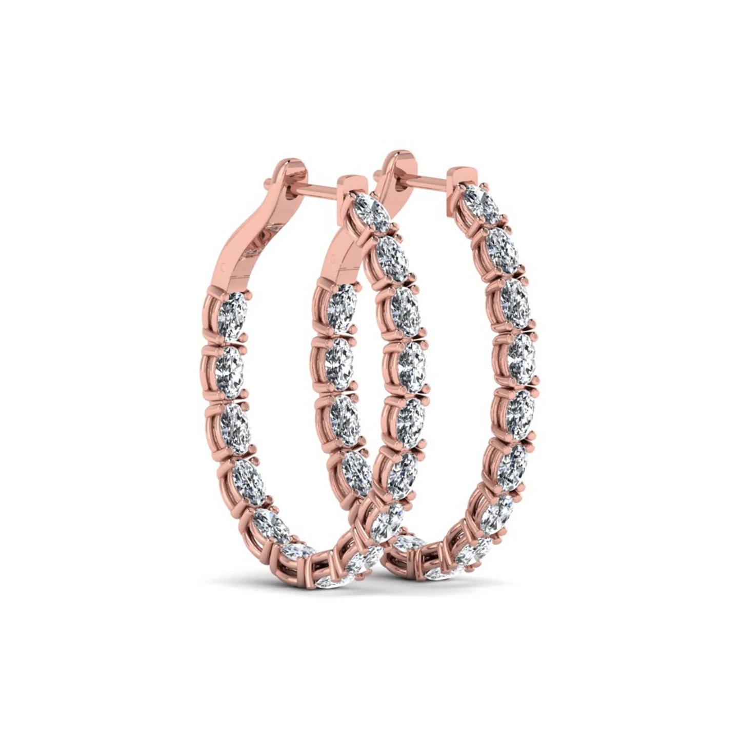 Oval cut lab grown diamond inside-out hoop earrings featuring shared prong settings, hinged snap closure, and rose gold tone design.