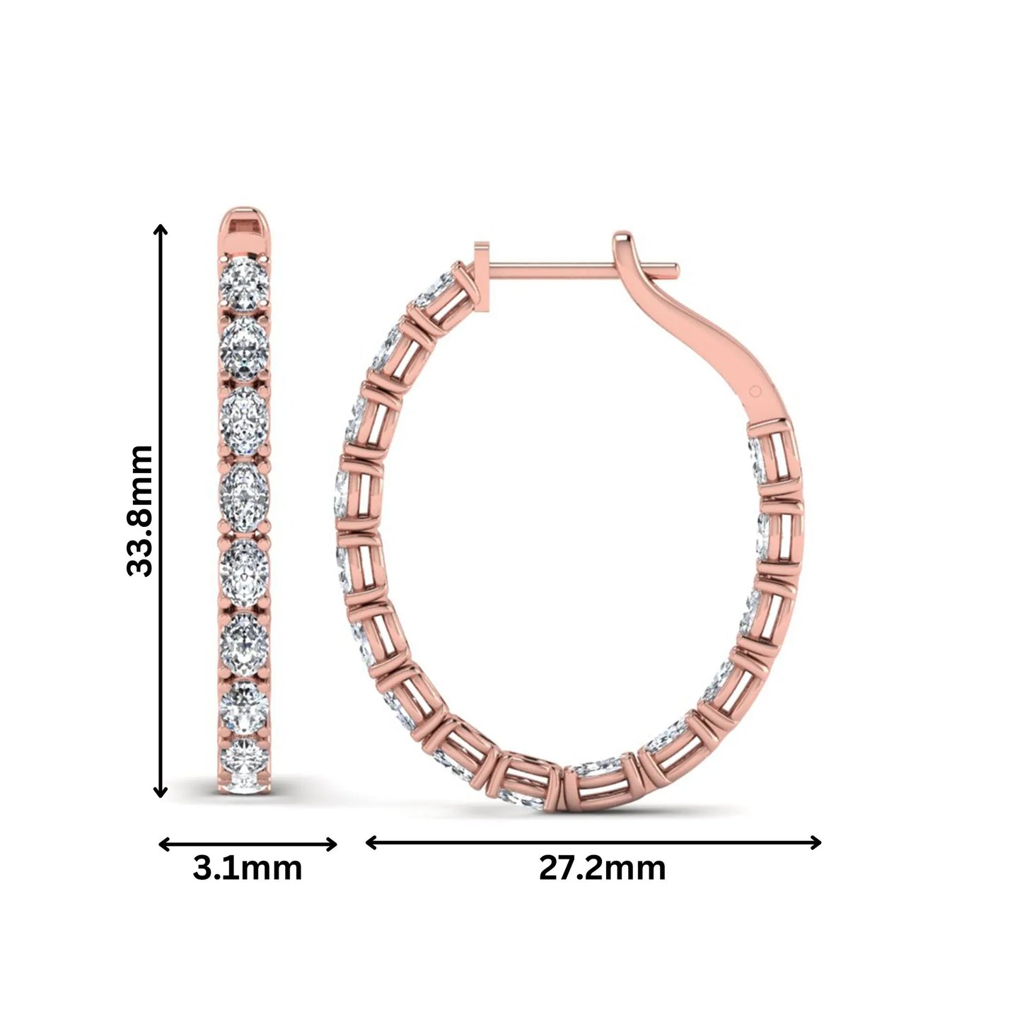 Oval cut lab grown diamond inside-out hoop earrings featuring shared prong settings, hinged snap closure, and rose gold tone design.
