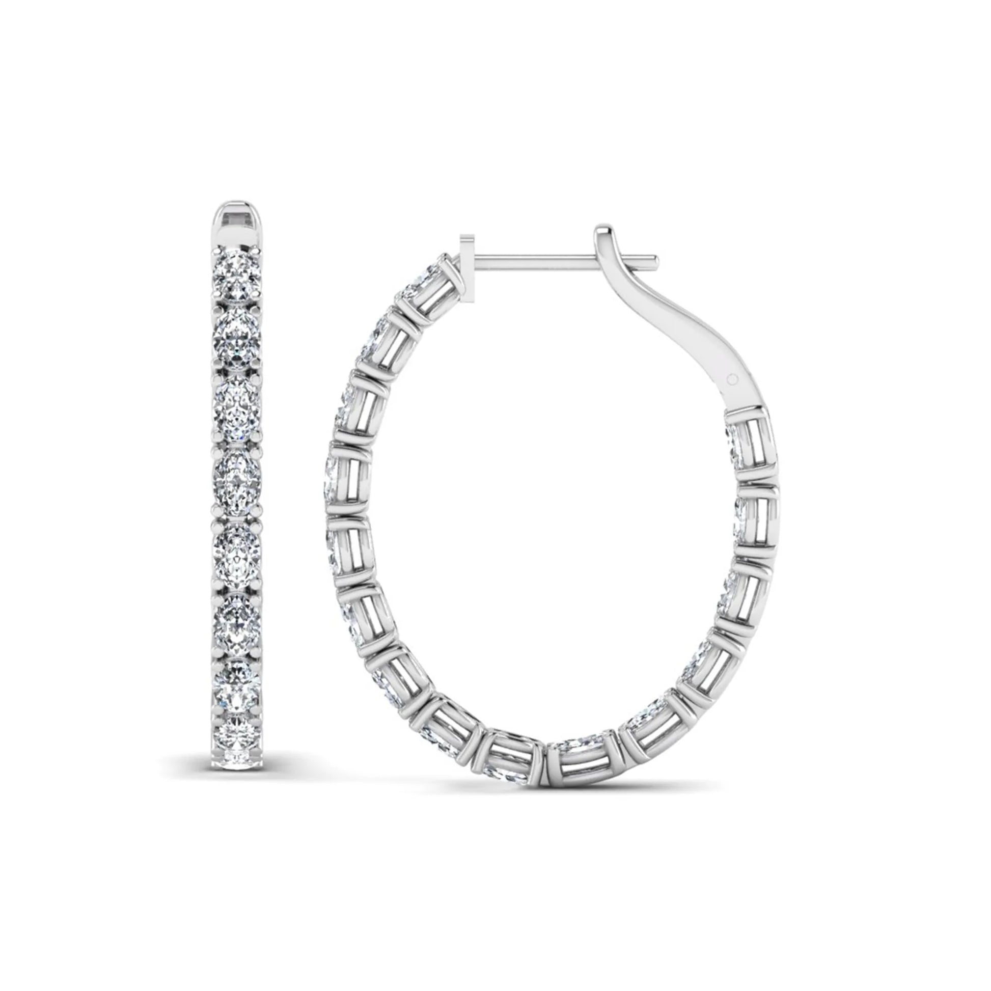 Oval cut lab grown diamond inside-out hoop earrings featuring shared prong settings, hinged snap closure, and white gold tone design.