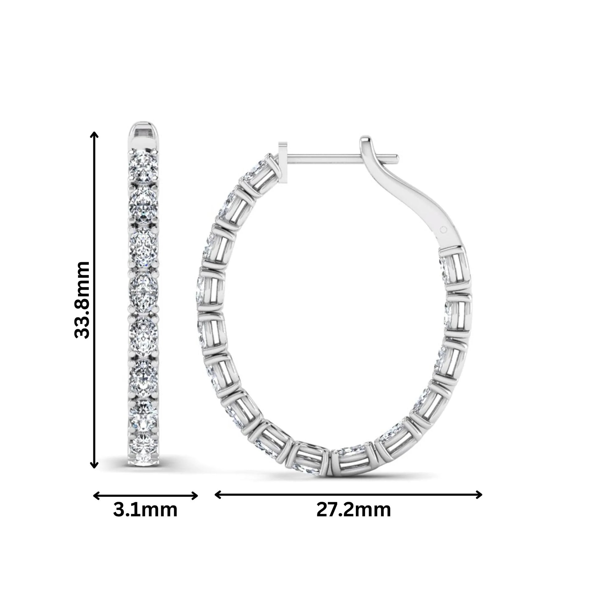 Oval cut lab grown diamond inside-out hoop earrings featuring shared prong settings, hinged snap closure, and white gold tone design.