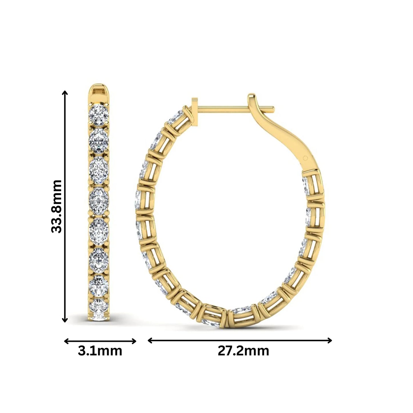 Oval cut lab grown diamond inside-out hoop earrings featuring shared prong settings, hinged snap closure, and yellow gold tone design.