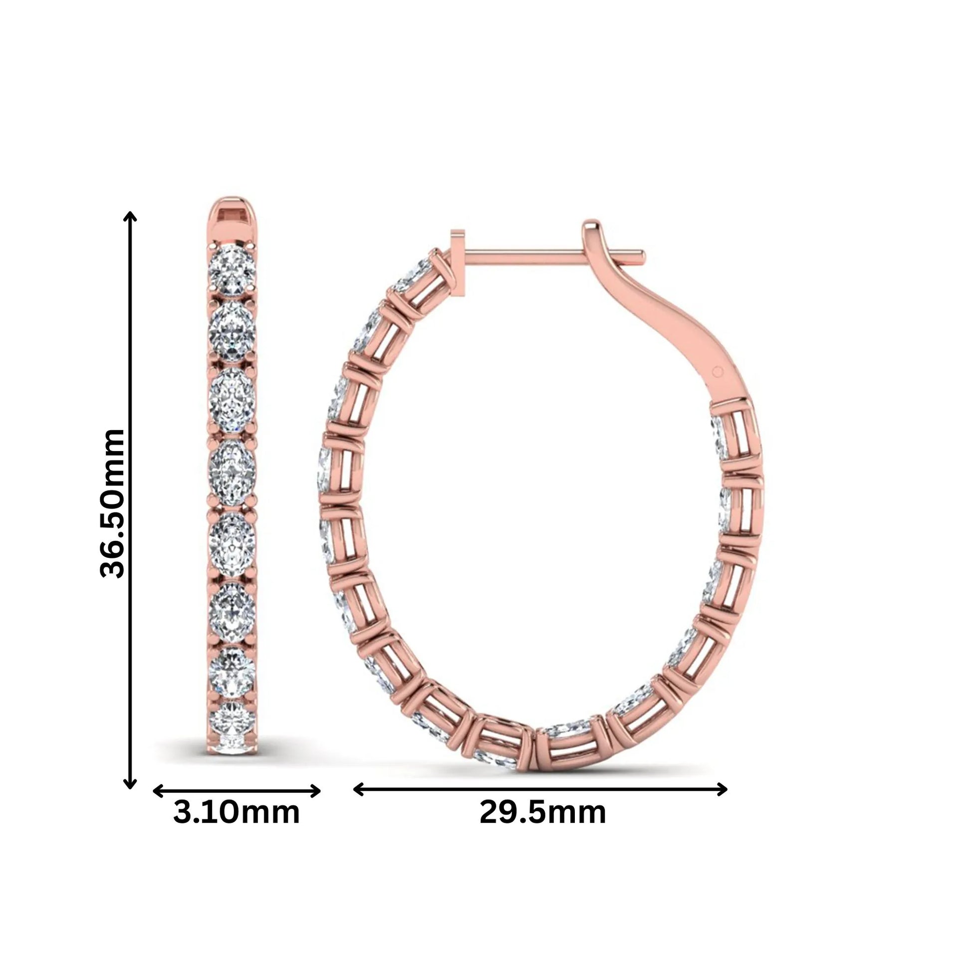 Oval cut lab grown diamond inside-out hoop earrings featuring shared prong settings, hinged snap closure, and rose gold tone design.