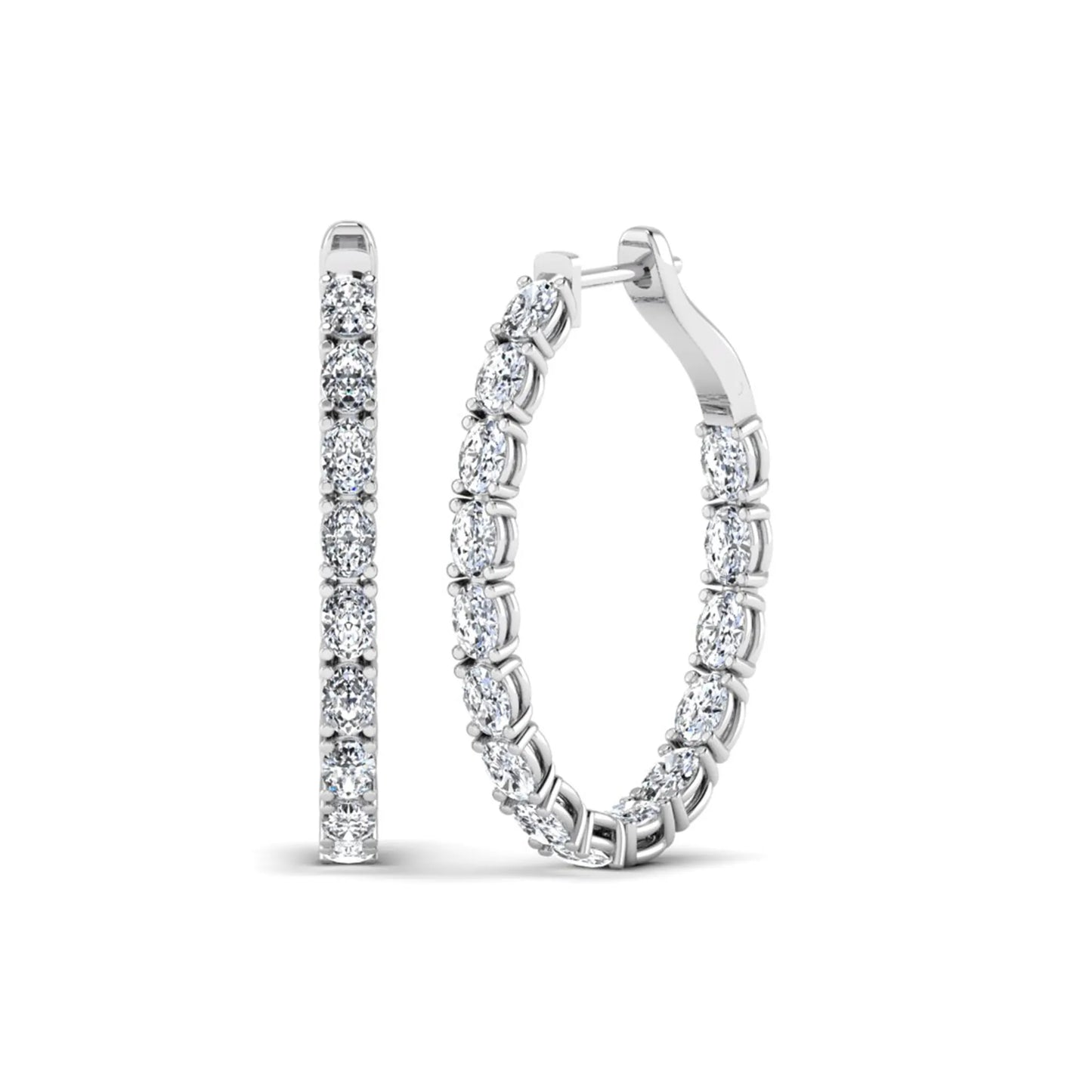 Oval cut lab grown diamond inside-out hoop earrings featuring shared prong settings, hinged snap closure, and white gold tone design.