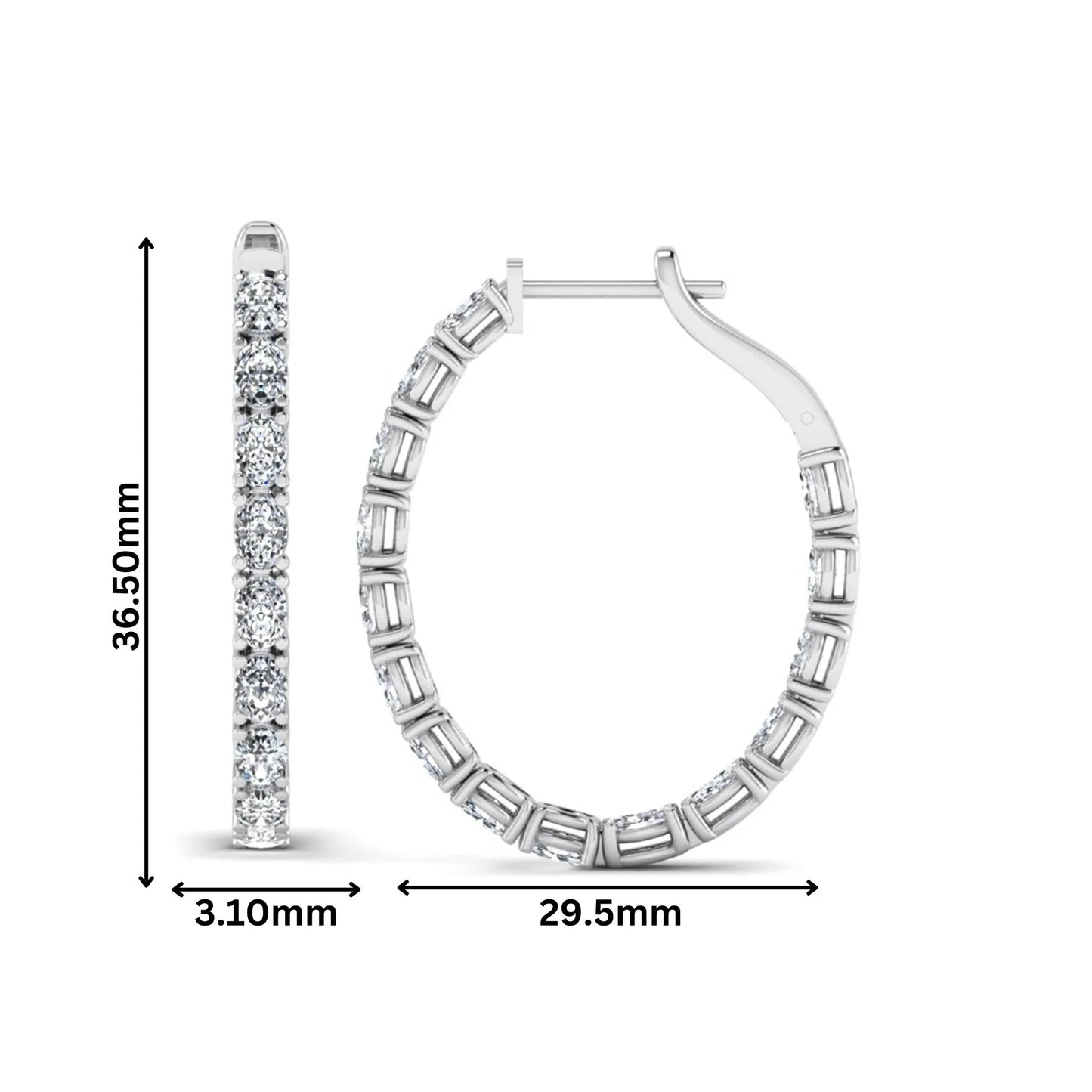 Oval cut lab grown diamond inside-out hoop earrings featuring shared prong settings, hinged snap closure, and white gold tone design.