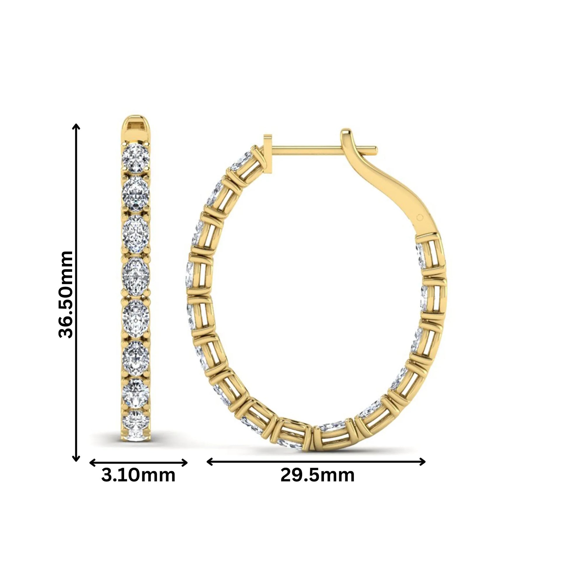 Oval cut lab grown diamond inside-out hoop earrings featuring shared prong settings, hinged snap closure, and yellow gold tone design.