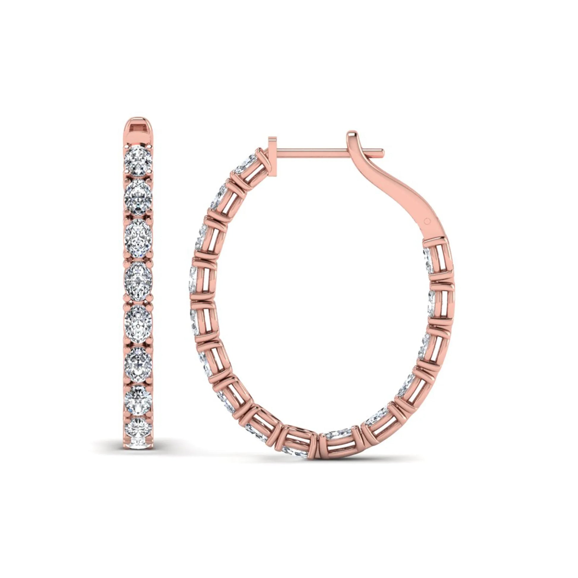 Oval cut lab grown diamond inside-out hoop earrings featuring shared prong settings, hinged snap closure, and rose gold tone design.